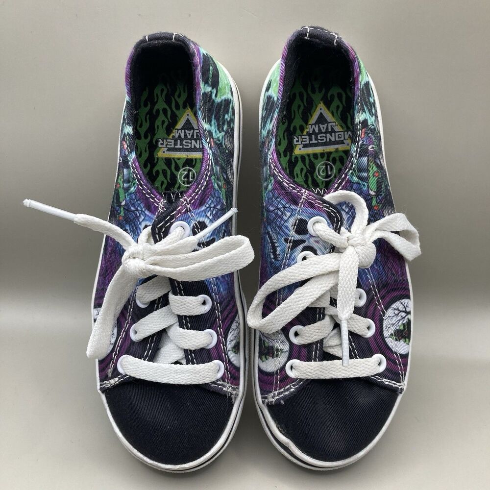 Youth Monster Jam Themed Low Rise Sneakers Grave Digger Lace Up Shoes Sz 12